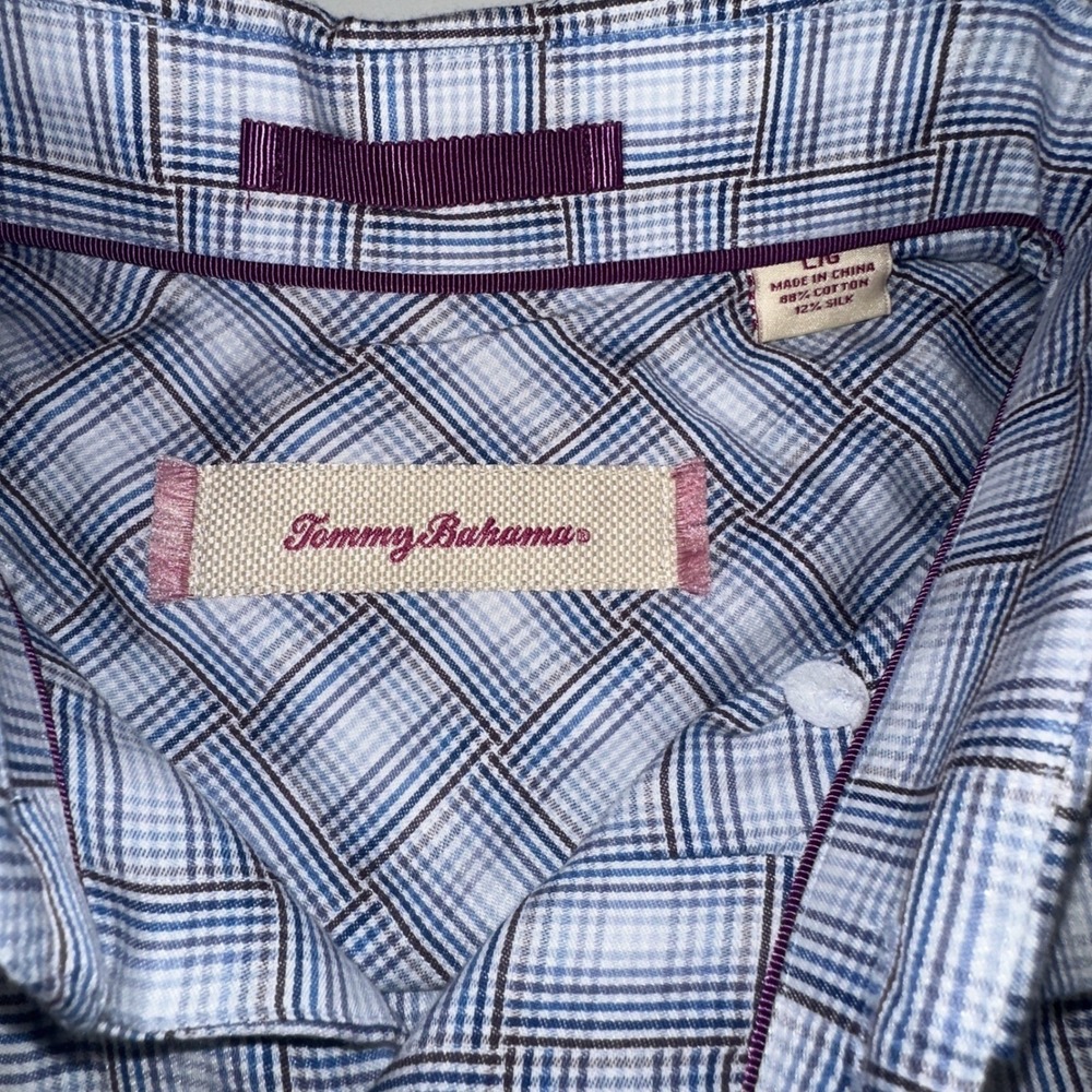 Tommy Bahama Mens Large Blue Purple Silk Blend Basketweave Plaid Button Down - Picture 3 of 6